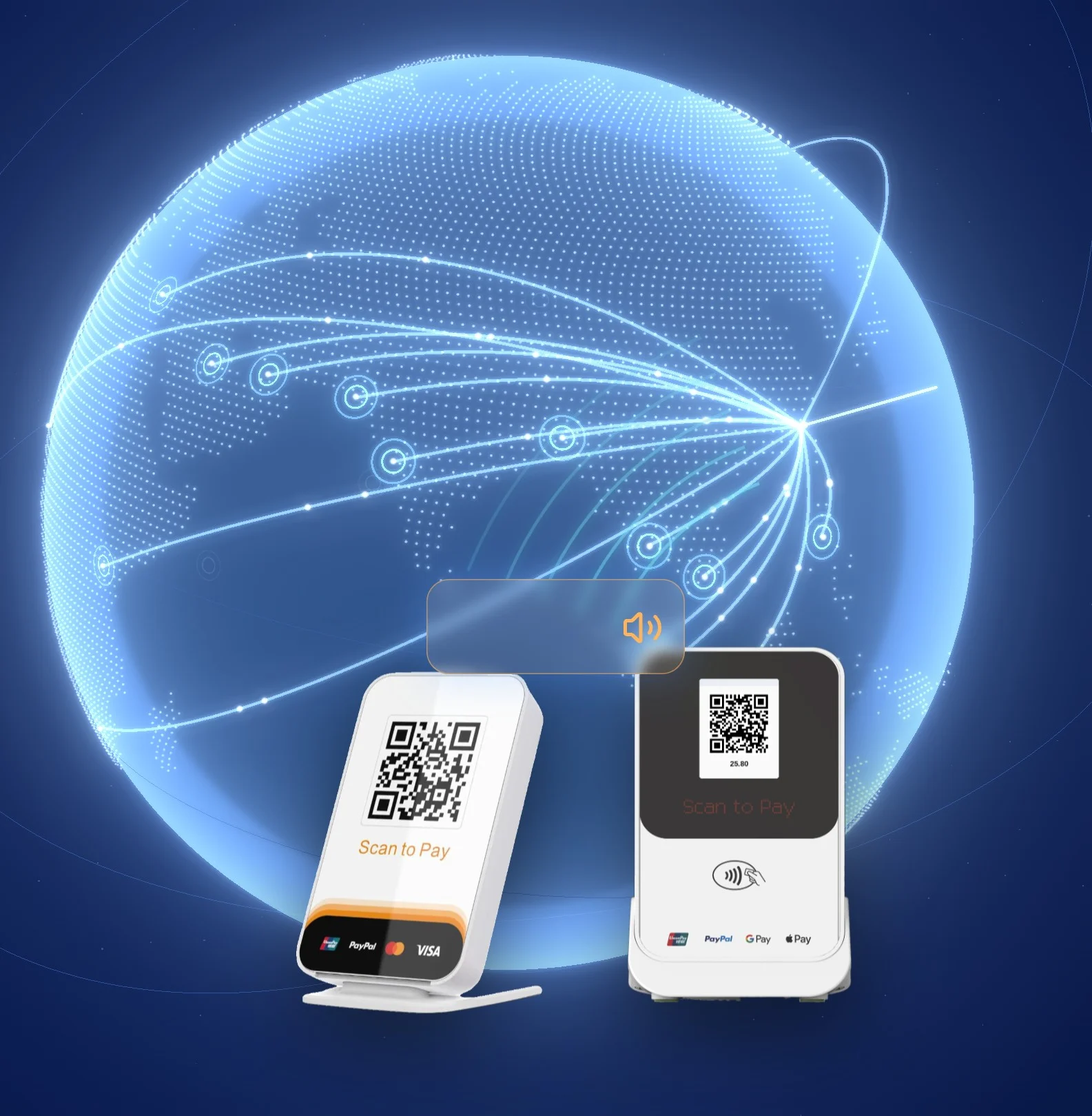 Payment sound boxes in front of a glowing globe