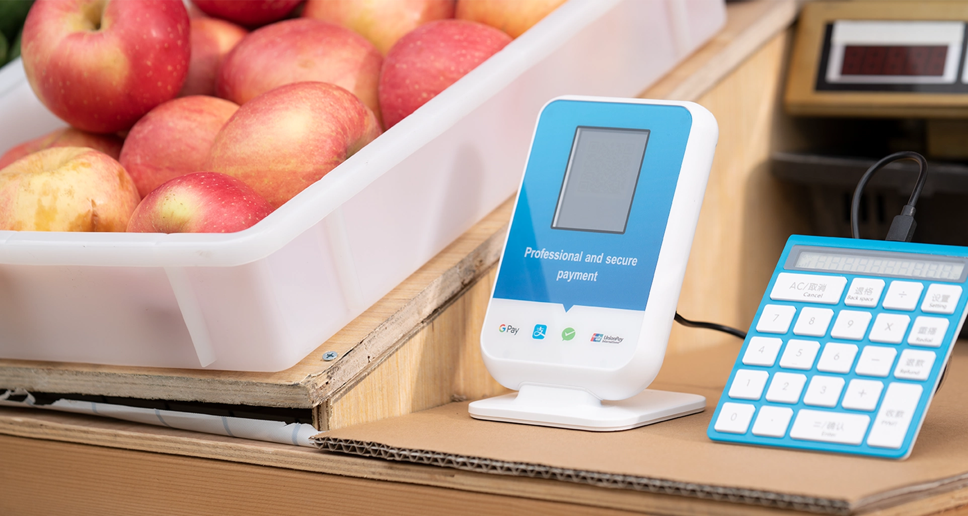 S05 with a keypad at a fruit stall
